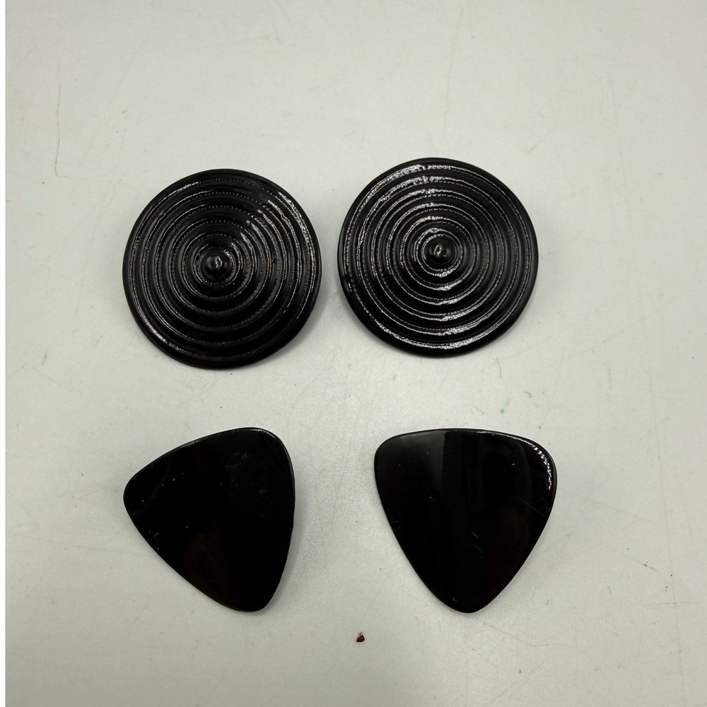 Vintage Black Clip On Earring Set Ribbed Spiral Round & Triangle Resin 2 Pairs